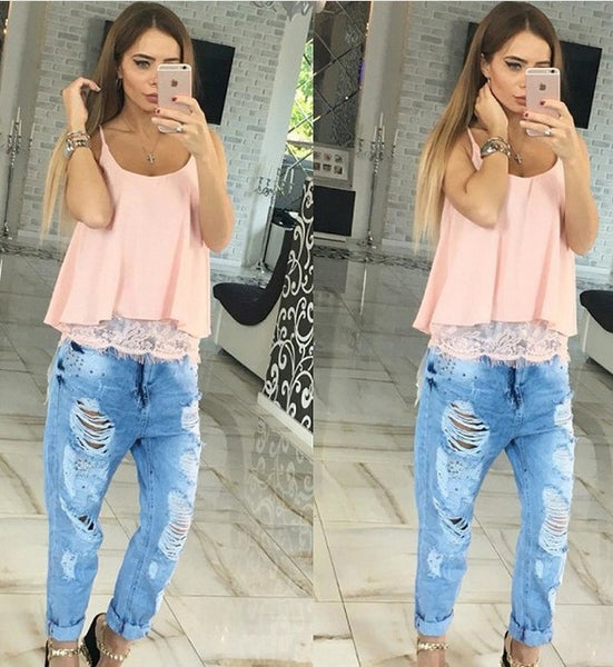 Summer Women Blouses Fashion Lace Patchwork Loose Tops Sexy Off Shoulder Low Cut Sleeveless Slip Women'S Shirt