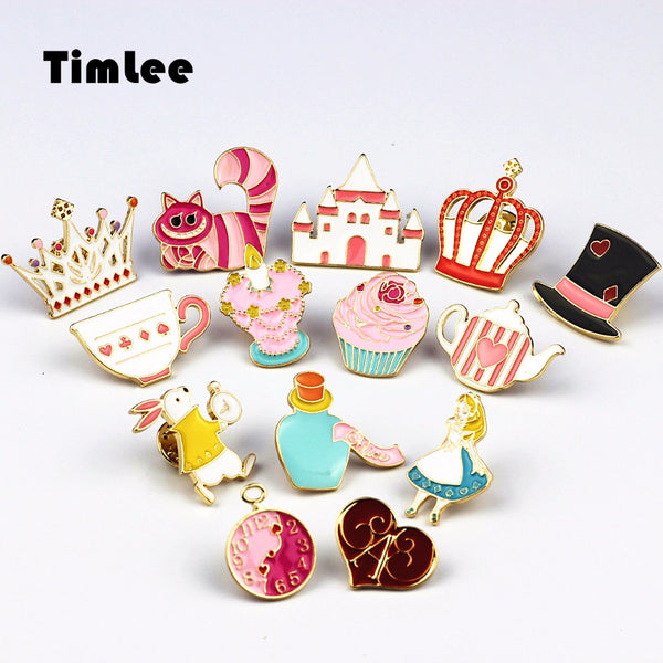 Timlee X227 Cartoon Cat Cute Wonderland Enamel Pins Alice Brooch Crown Metal Brooch Pins Gift Wholesale