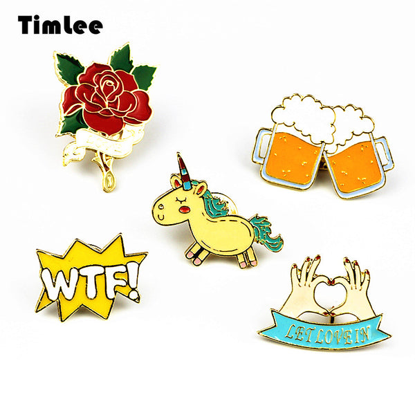 Timlee X223 Cute Animals Unicorn Enamel Pin Love Hand Beer WTF Rose Brooch Pins Button Pins Fashion Jewelry Wholesale