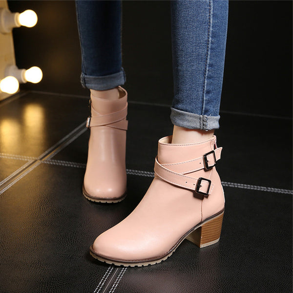 size 34-43 New Autumn and winter women Leather shoes vintage Europe star fashion Square high heels Ankle boots zipper Snow boots