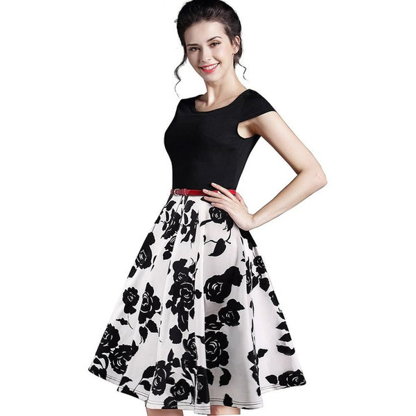 Nice-forever Summer Floral Casual Stylish Elegant Print Charming Women O Neck Sleeveless Zipper Work Office Expansion Dress A009