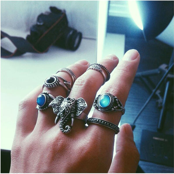 2016 New Hot Bohemian Elephants Ring 10pcsTurquoise Retro Boho Rings  Leaf  Eyes same kinds high quality rings sets for women