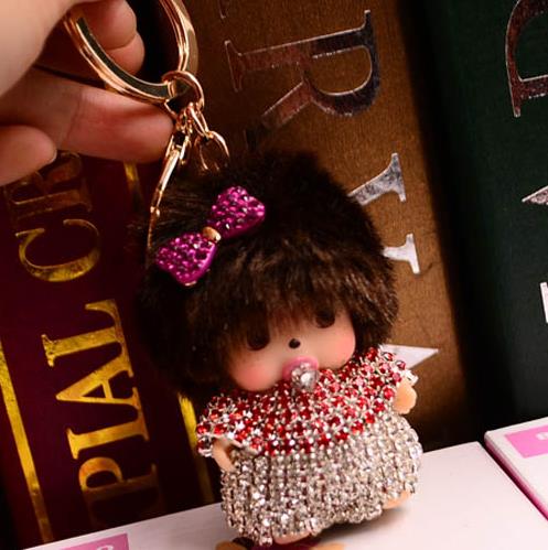 New cartoon Crystal Monchichi sleutelhanger Bunny keychain key ring chain women bag charm car pendant porte clef wholesale