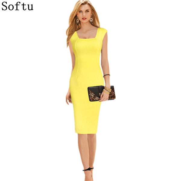 Softu Women Summer Style Dress Sexy Knee Length Short Sleeve Bodycon Slim Pencil Dresses Sheath Solid Office Dress