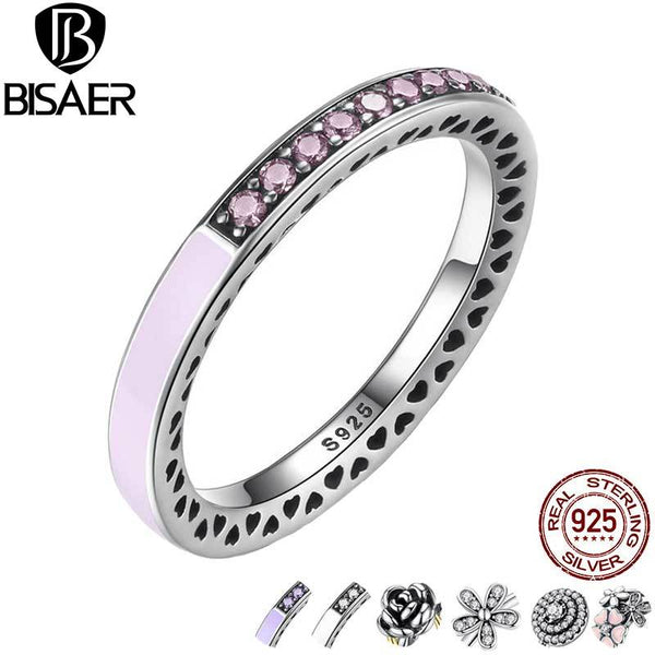 BISAER 9 Style Original 925 Sterling Silver Dazzling Daisy Flower Pink Purple White Radiant Hearts Ring Clear CZ Jewelry