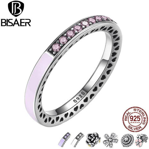 BISAER 9 Style Original 925 Sterling Silver Dazzling Daisy Flower Pink Purple White Radiant Hearts Ring Clear CZ Jewelry