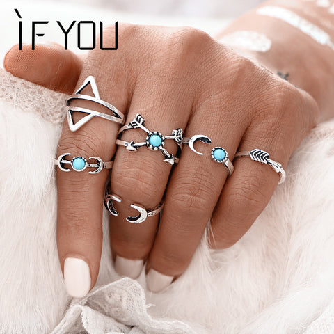 IF YOU 6PCS/Set Bohemia Vintage Turkish Beach Rings For Women Tibetan Silver Color knuckle Joint Moon Turkish Midi Ring Set 2017