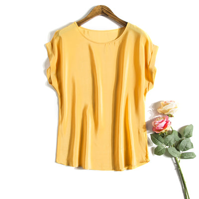 Women Real Silk T Shirt Short Bat sleeved Solid chiffon loose shirt 100% Natural silk Basic Top Plus size 2017 Free ship