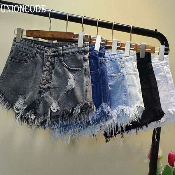 2016 European and American BF summer wind female blue high waist denim shorts women worn loose burr hole jeans shorts