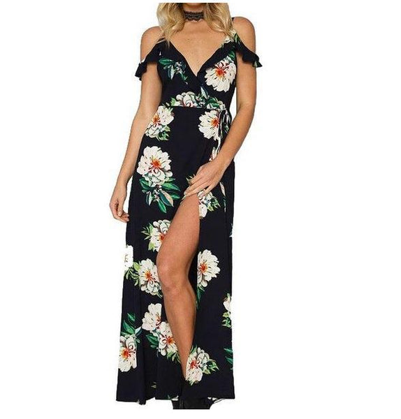 Floral print ruffles long dress Women strap v neck split beach summer Dresses Off the shoulder vestidos