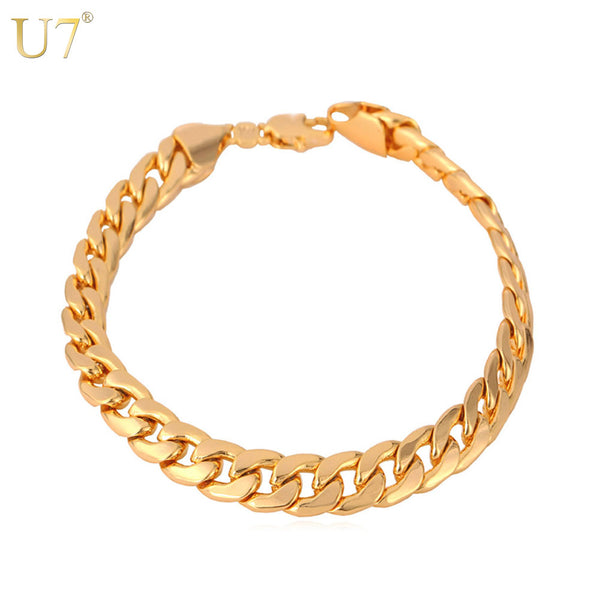U7 Brand Bracelet Men/Women Jewelry Wholesale Trendy Black/Silver/Gold Color 21CM 7MM Thick Cuban Link Chain Bracelets H385