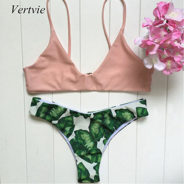 Vertvie Sexy Bikini Set Halter Flesh Pink Strap Push Up Swimwear Green Leaf Pattern Bottom Swimsuit Women 2017 New Summer Beach