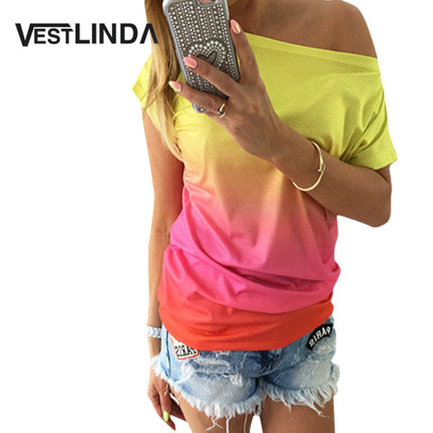 VESTLINDA Summer Women Tops Dye Print Tee Shirts Short Sleeve Gradient Color Casual One Shoulder Slash Neck Loose T Shirt Top