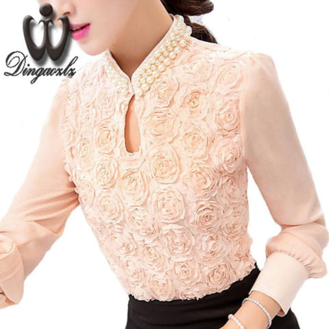Dingaozlz New Plus size Women Chiffon blouse Sexy Flower Beaded lace Tops long sleeved Casual shirt Patchwork Women clothing