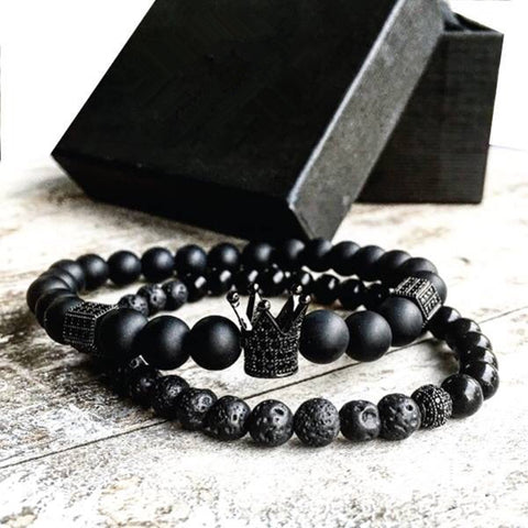 2pcs/set Men Woman Bead Bracelet Crown Charm Bangle Natural  Beads Buddha Bracelet for Women and Mens Pulseras Masculina