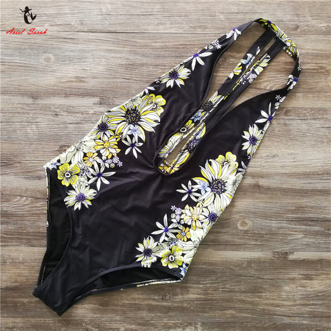 2017 Floral Swimwear Women New One Piece Swimsuit Brazilian Bikini Set Sexy Bandage Bikinis Black Bathing Suit Biquinis BJ244
