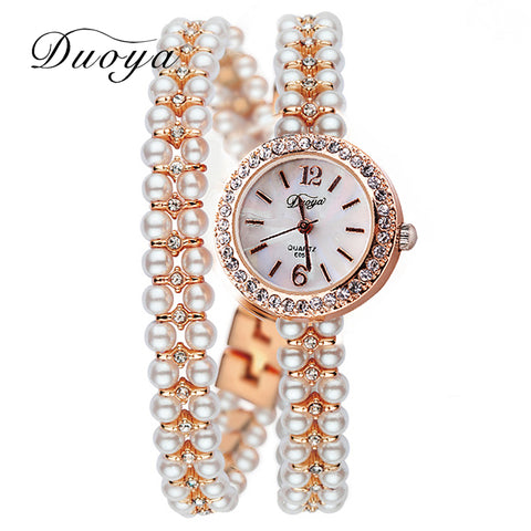 Duoya Brand Korea Luxury Brand Pearls Bracelet Watch Women Female Ladies Dress Fashion Quartz Wristwatch