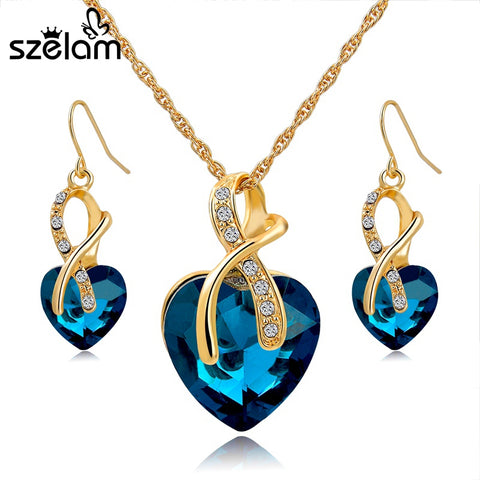 SZELAM 2016 Crystal Heart Necklace Earrings Jewellery Set for Women Bridal Wedding Accessories SET140044