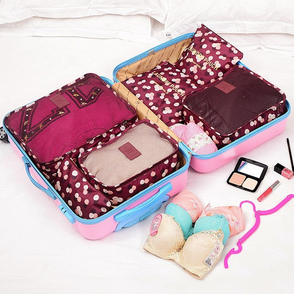 6 Pieces/Set Nylon Packing Cubes 2017 Luggage Travel Bag Floral Dot Large Capacity Of Bags Unisex Clothing Sorting Organize Bag