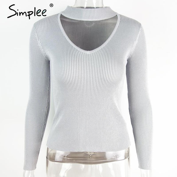 Simplee Elegant halter knitted sweater Autumn winter white short pullover women tops Slim v neck black jumper casual pull femme