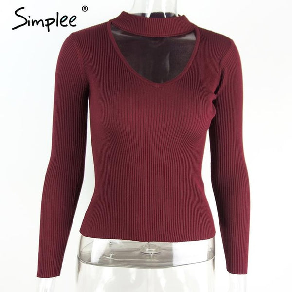 Simplee Elegant halter knitted sweater Autumn winter white short pullover women tops Slim v neck black jumper casual pull femme