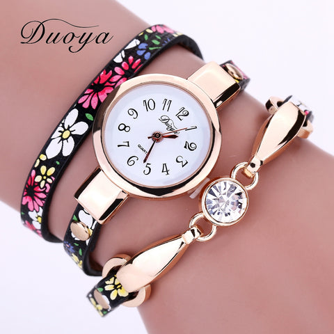 Duoya Luxury Women Brand Thin Leather Rose Gold Bracelet Watch Women Crystal Quartz Wristwatch Montre Female Women Girl Watch