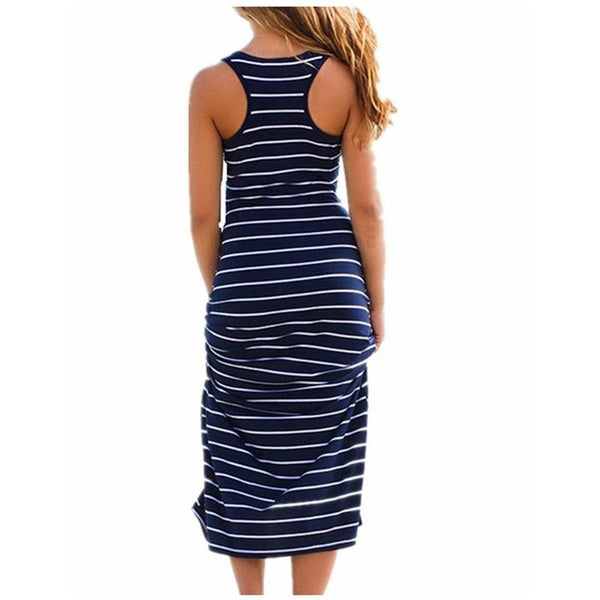 Plus Size Women Maxi Long Dress Summer Style Sexy Ladies Beach Vest Dress Striped Boho Long Sleeveless Casual Vestidos M0095