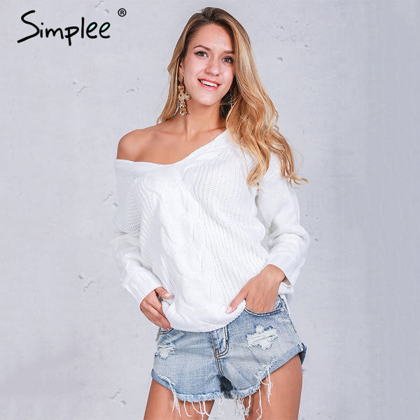 Simplee Winter white knitted sweater women 2016 Autumn hollow out pullover sweater Sexy long sleeve off shoulder sweater jumpers