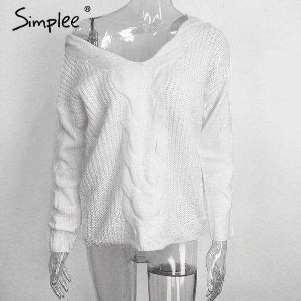 Simplee Winter white knitted sweater women 2016 Autumn hollow out pullover sweater Sexy long sleeve off shoulder sweater jumpers