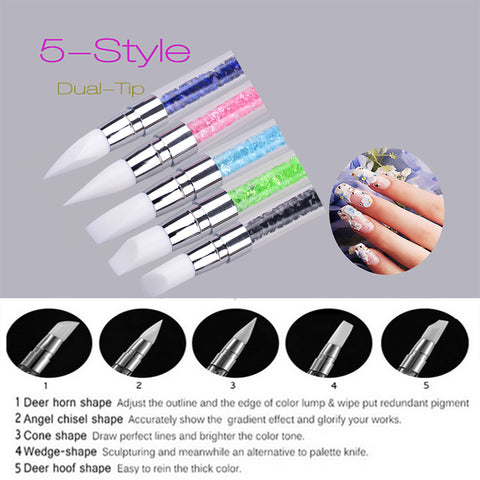 5 color 2 Way Nail Art Sculpture Pen Brushes Soft Silicone Carving Craft Polish Rhinestone Handle Nail Art Brush Dotting Tools