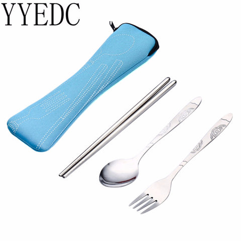 3Pcs Stainless Steel Portable Tableware Dinnerware Travel Camping Cutlery Set Fork poon Chopsticks Set Picnic Tool
