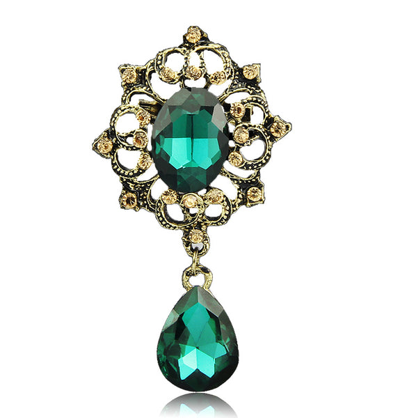 H:HYDE Vintage Style Green Crystal Drop Pendent Gift Brooch,Women Costume Brooch Pin Fashion Women Buckle Pins Pendent