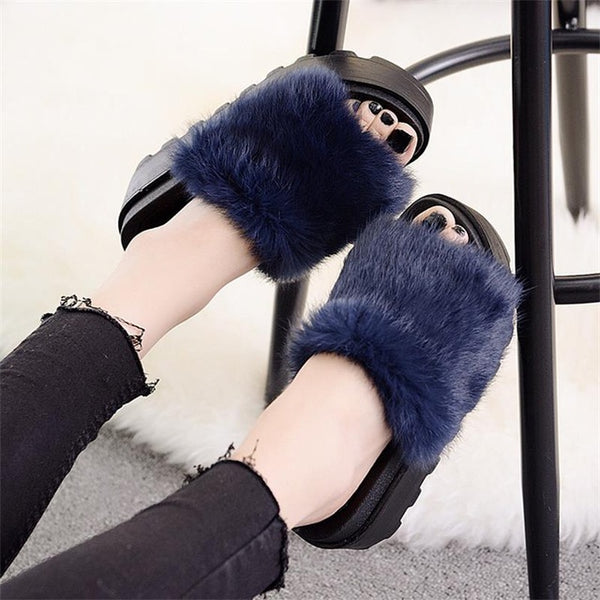Women Flips Flops 2017 Winter Warm Fur Shoes Woman Slippers Fashion Platform Female Slides Shoes Woman Flat Slippers Women