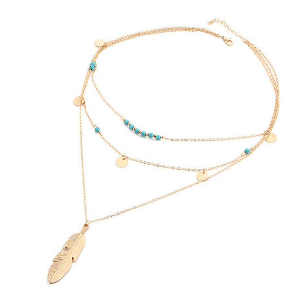 17KM Fashion Multi Layer Leaf Chain Necklaces Jewelry for Women Bohemian Blue Stone Choker Chain Jewellery Gargantilha