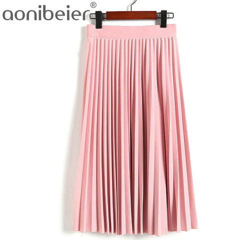 Spring Autumn New 2017 Fashion Women's High Waist Pleated Solid Color Length Elastic Skirt Promotions Lady Black Pink Party