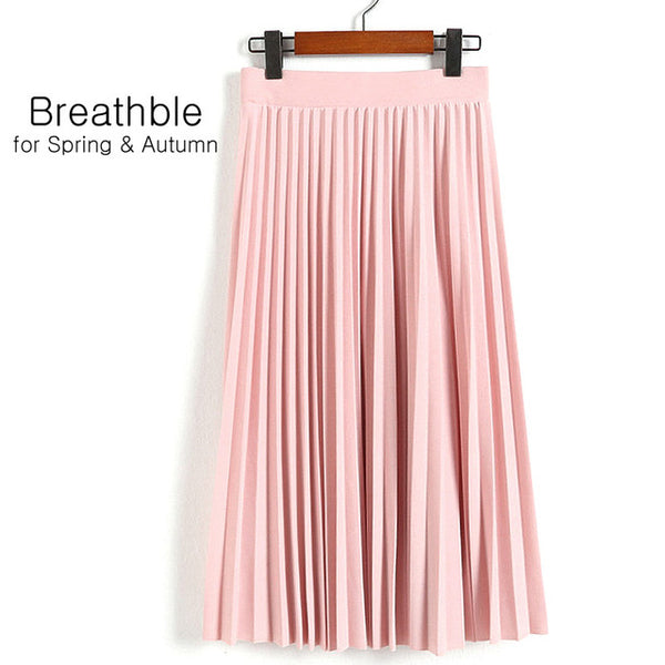 Spring Autumn New 2017 Fashion Women's High Waist Pleated Solid Color Length Elastic Skirt Promotions Lady Black Pink Party