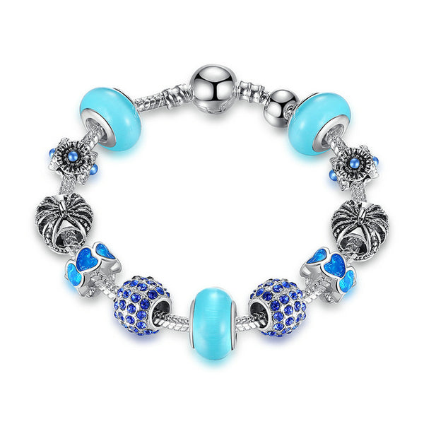 BAMOER Silver Charm Bracelet & Bangle with Royal Crown Charm and Crystal Ball White Beads for Women Drop Shipping PA1456