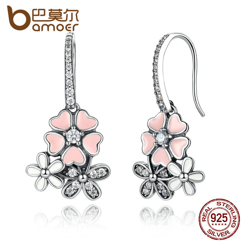 BAMOER 100% 925 Sterling Silver Pink Flower Poetic Daisy Cherry Blossom Drop Earrings with Pearl Back Jewelry SCE016