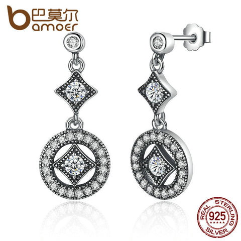 BAMOER Stunning 925 Sterling Silver with AAA Zircon VINTAGE ALLURE Drop Earrings for Women Fashion Jewelry Engagement PAS492