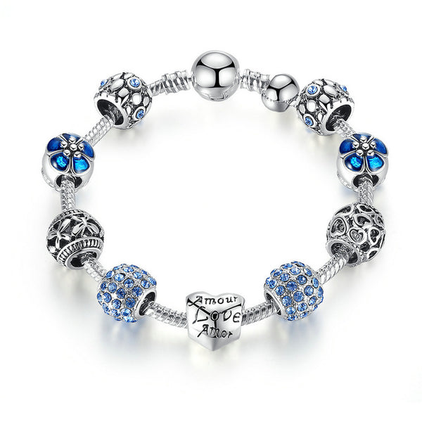 BAMOER Antique Silver Charm Bracelet & Bangle with Love and Flower Crystal Ball Women Wedding Valentine's Day Gift PA1455
