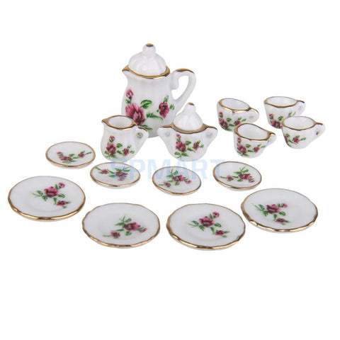 15pcs Dollhouse Miniature Porcelain Tea Set Dish Cup Plate Red Peony