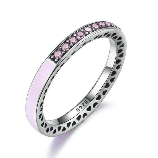 BAMOER 100% 925 Sterling Silver Radiant Hearts, Light Pink Enamel & Clear CZ Finger Ring Women Wedding Jewelry PA7603