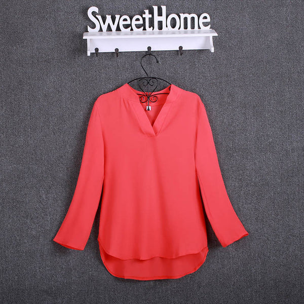 BIBOYAMALL Women Blouses Fashion Chiffon Blouse Shirts Women's tops Soild Long Sleeve Casual V-Neck Blusas Plus Size 4XL/5XL