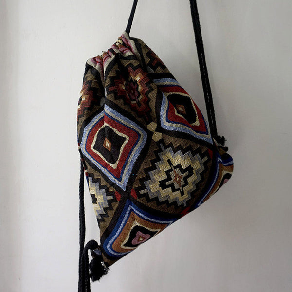 LilyHood Women Fabric Backpack Female Gypsy Bohemian Boho Chic Aztec Ibiza Tribal Ethnic Ibiza Brown Drawstring Rucksack Bags