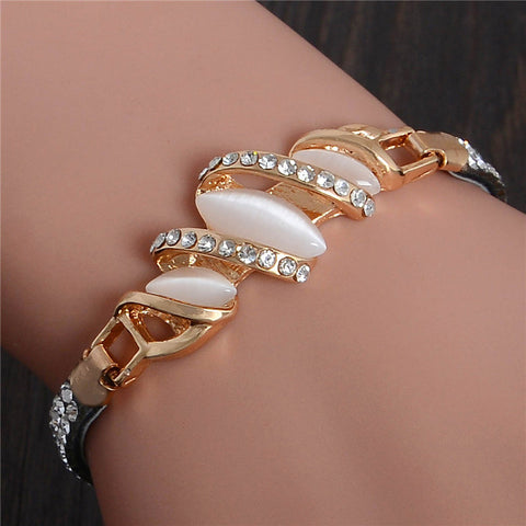 SHUANGR Charm Bracelet Leather Band with Austrian Crystal Gold Color Opal Bracelet for Women TL239