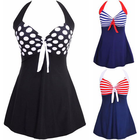 Newest Sexy  Stripe Padded Halter Skirt Swimwear Women One Piece Swimsuit Beachwear Bathing Suit Swimwear Dress Plus Size M-4XL