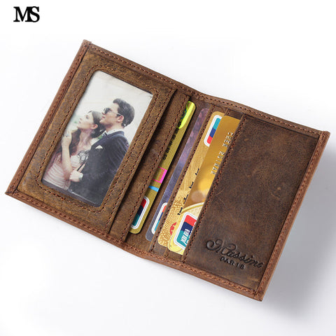 MS Hot Sell Men Crazy Horse Genuine Leather Slim Wallet Business Casual Credit Card ID Holder Money Card Holder Purse Brown K100