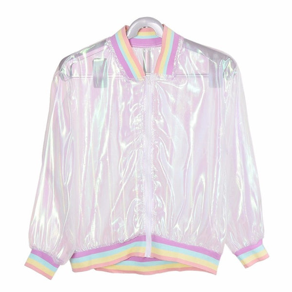 Lychee Harajuku Summer Women Jacket Laser Rainbow Symphony Hologram Women Coat Iridescent Transparent Bomber Jacket Sunproof