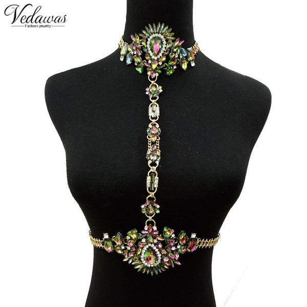 Vedawas Bohomian Fashion Jewelry Multicolor Crystal Choker Maxi Necklace Bracelets Body Statement Chain Necklace For Women 2178