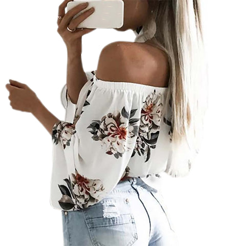 2017 Cute Floral Printed Boho Shirts Loose Beach Women Summer Blouse Casual Off Shoulder Top Flare Sexy Slash Neck Blusa GV689